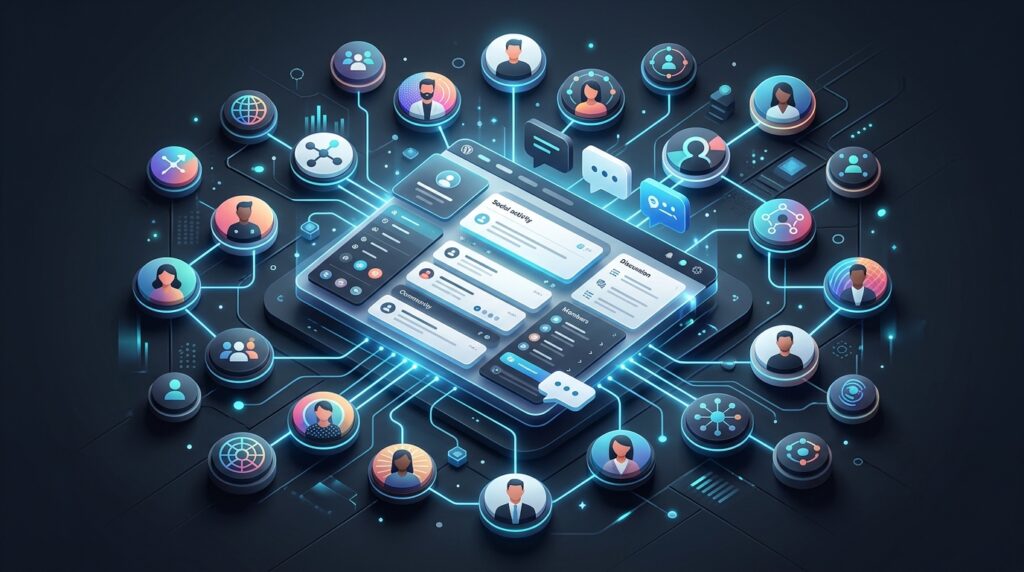 Illustration of a WordPress community with connected member profiles, social feed, groups and chat