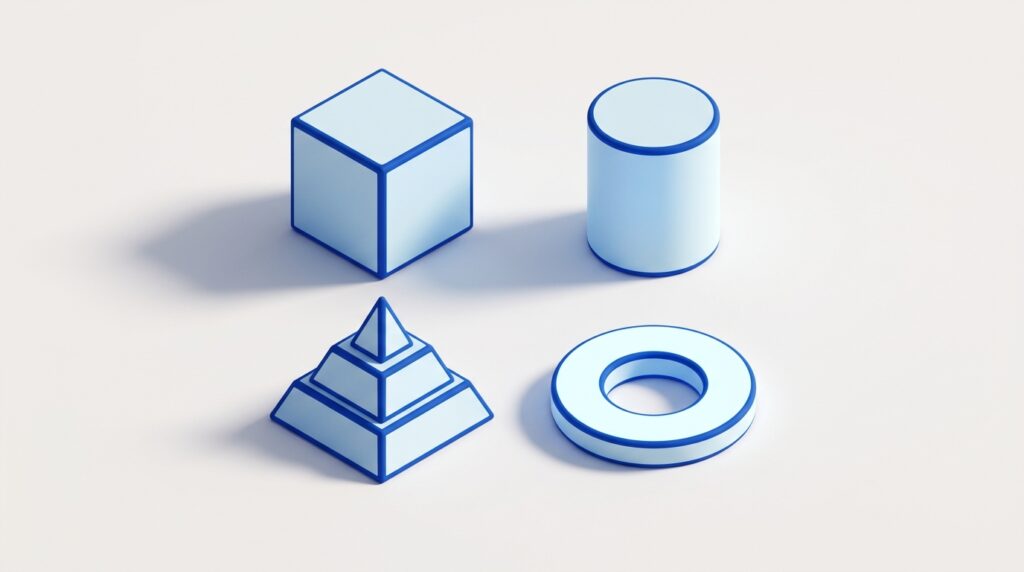 Abstract illustration of four distinct geometric forms of different shapes grouped in quadrants, representing four categories
