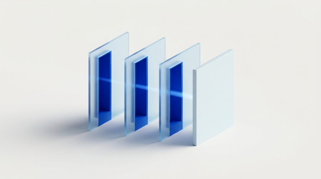 Abstract illustration of four separate gates of blue light, three open and one firmly closed, representing separated permissions