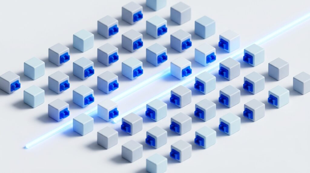 Abstract illustration of many modular blocks sharing one standard connector, all aligned to a single rail of blue light