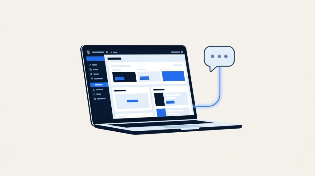 Illustration of a laptop showing a WordPress dashboard connected by a line of light to an AI chat bubble.