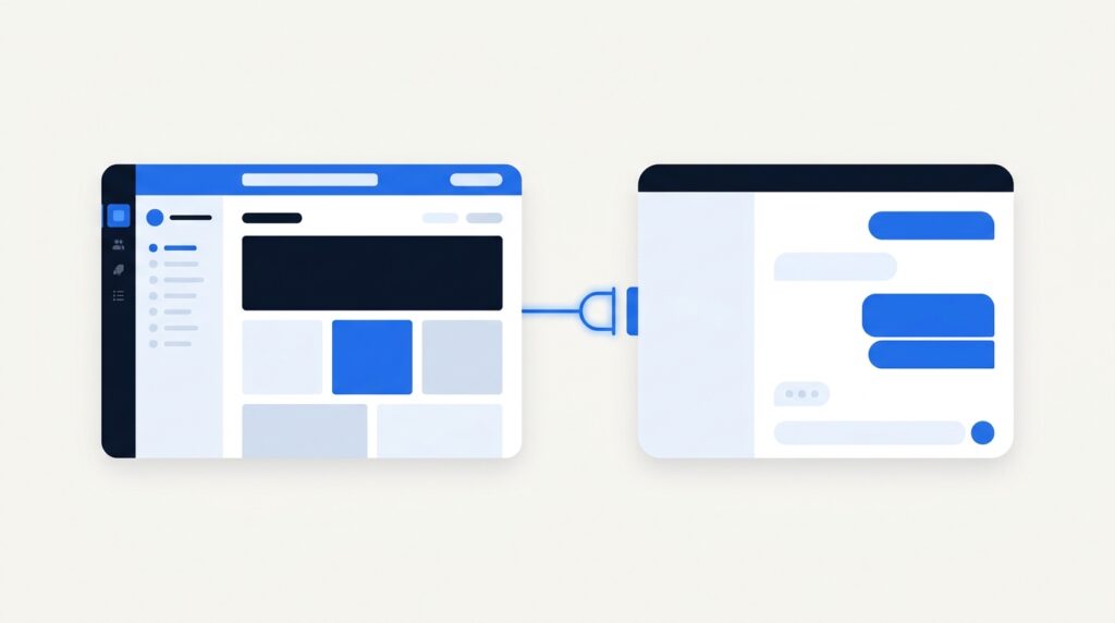 Illustration of a website panel and an AI chat panel joined by a glowing blue connector.