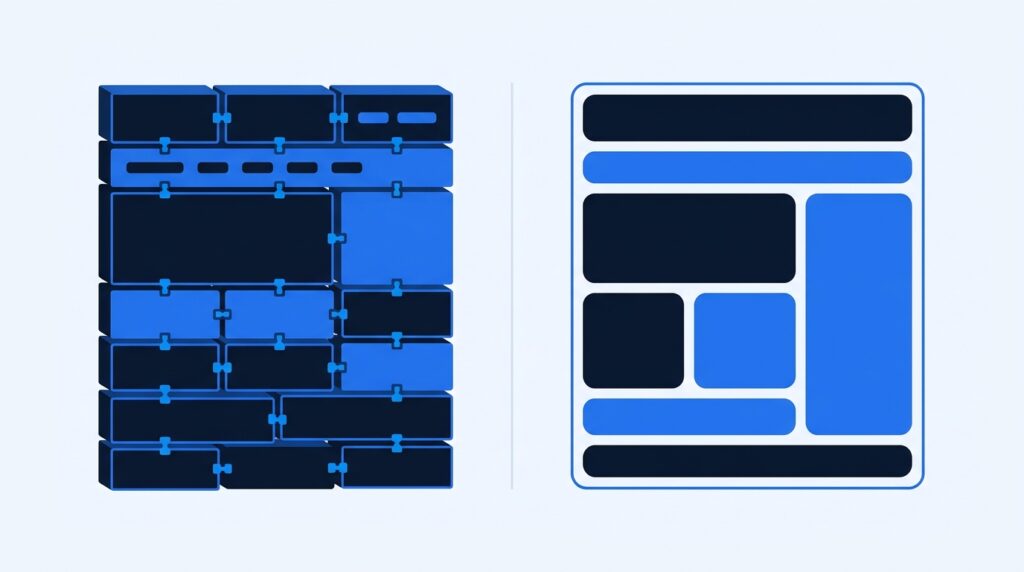 Illustration comparing a modular, extensible website structure with a single sealed website block.