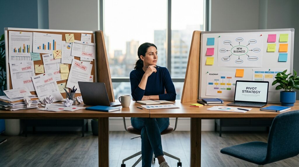 Entrepreneur deciding whether to quit or pivot a struggling business idea