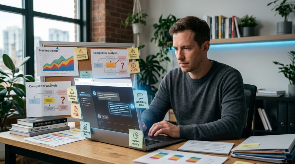 Business owner using AI and real market evidence to validate a business idea