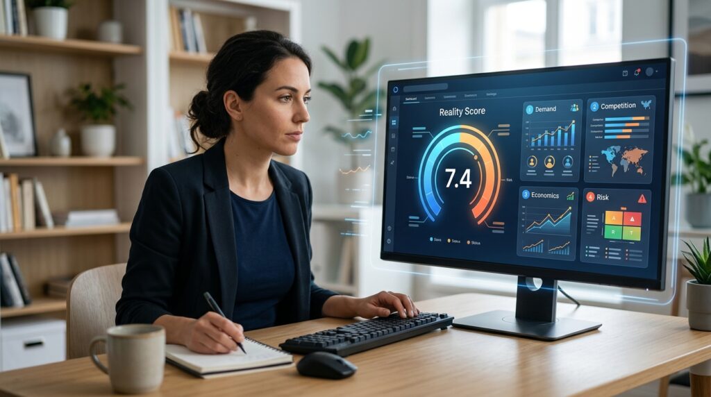 Founder reviewing evidence behind a business idea Reality Score