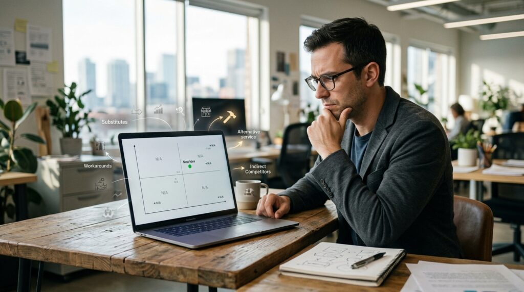 Founder researching hidden competitors for a business idea that appears to have no competition
