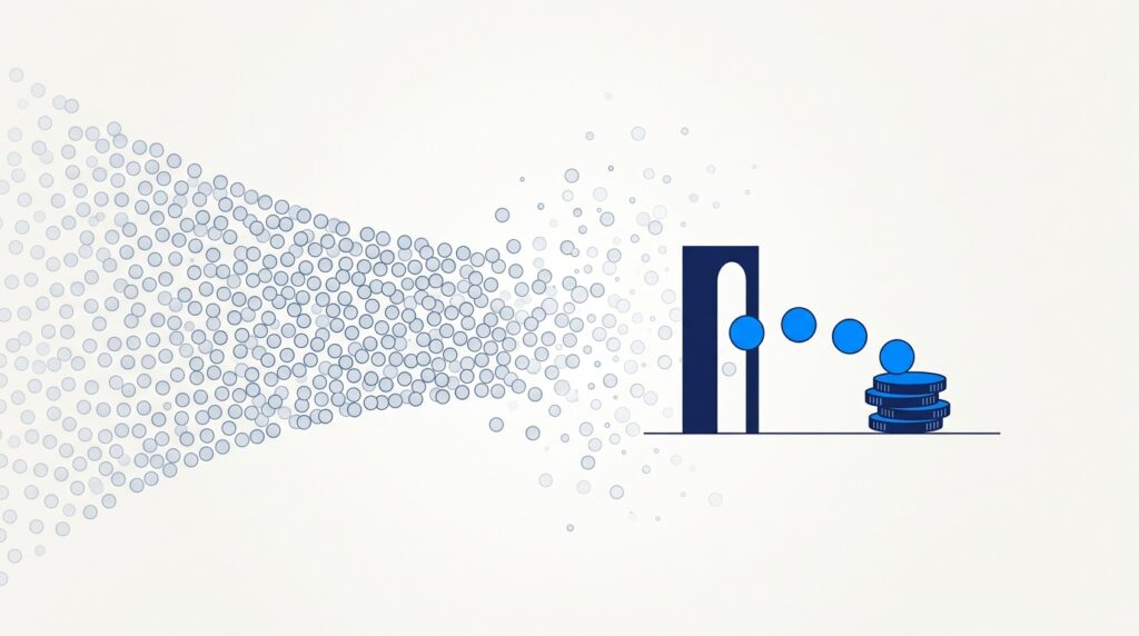 Illustration of a wide funnel narrowing sharply, with most shapes falling away and a few reaching a coin at the bottom.