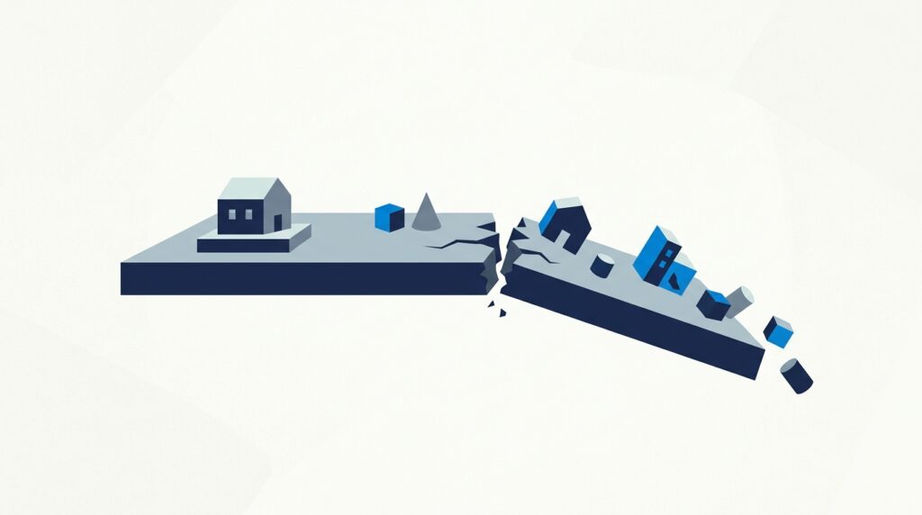 Illustration of small buildings balanced on a large platform slab that is cracking and tilting.