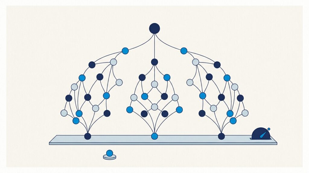 Illustration of a branching network diagram resting on a slab controlled by a separate lever.