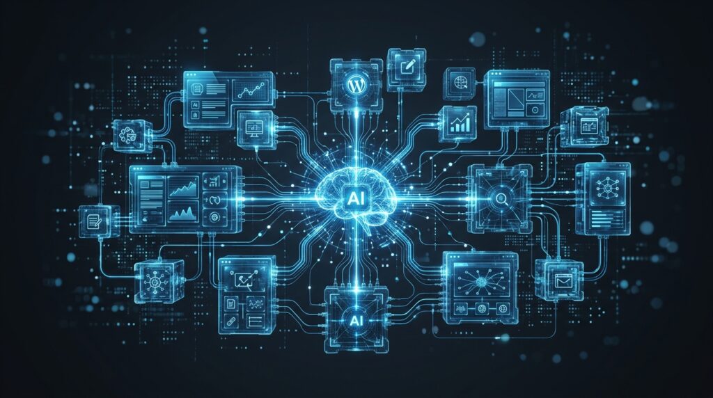 AI agent network connected to modular WordPress website tools and plugins