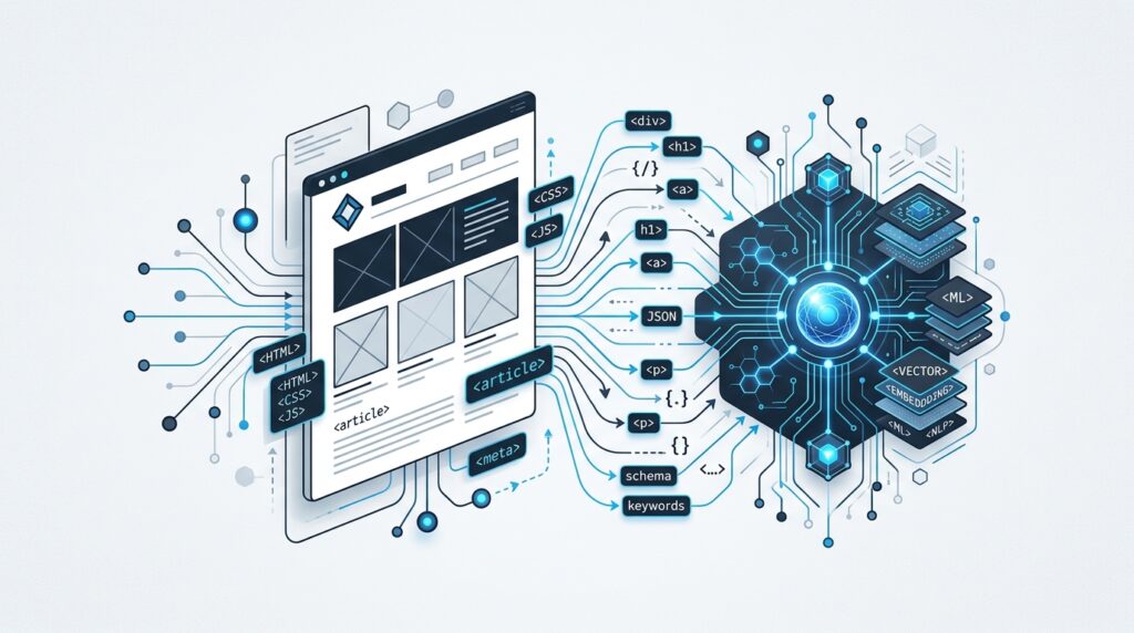 Illustration of an AI search system discovering and reading a website