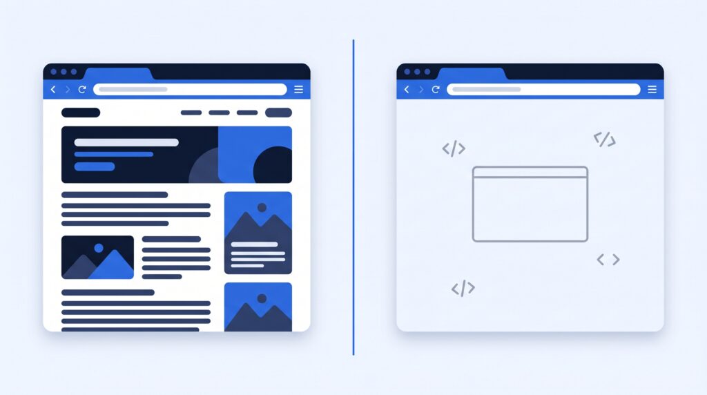 Illustration contrasting how a person and a web crawler see an AI-built website: a browser window showing a full multi-page site, and beside it an empty application shell made of a bare container and script tags, representing client-side rendering that crawlers cannot read.