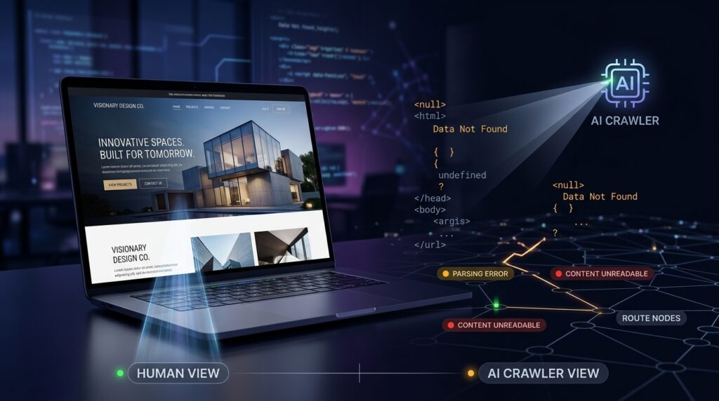 AI crawler scanning an AI-built website and finding less readable content than a human sees in the browser.