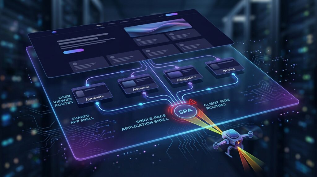 AI website builder routes appearing as multiple pages while an AI crawler detects a shared underlying application shell.