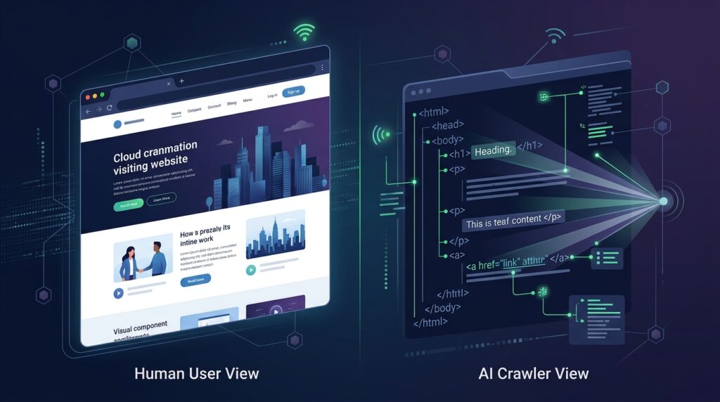 Comparison of a complete website seen in a browser with the structured content an AI crawler can actually fetch and read.