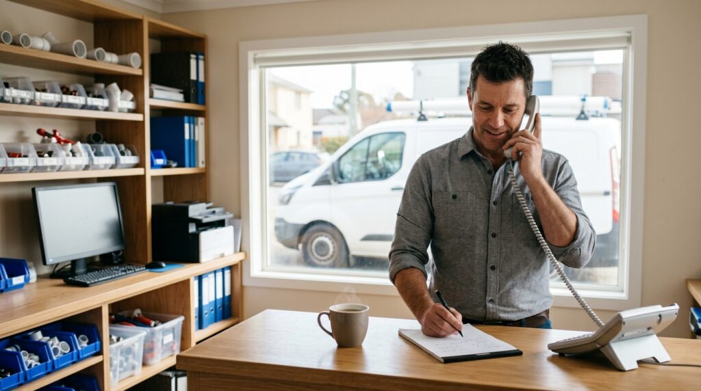 Small business owner answering a ringing phone at his shop counter