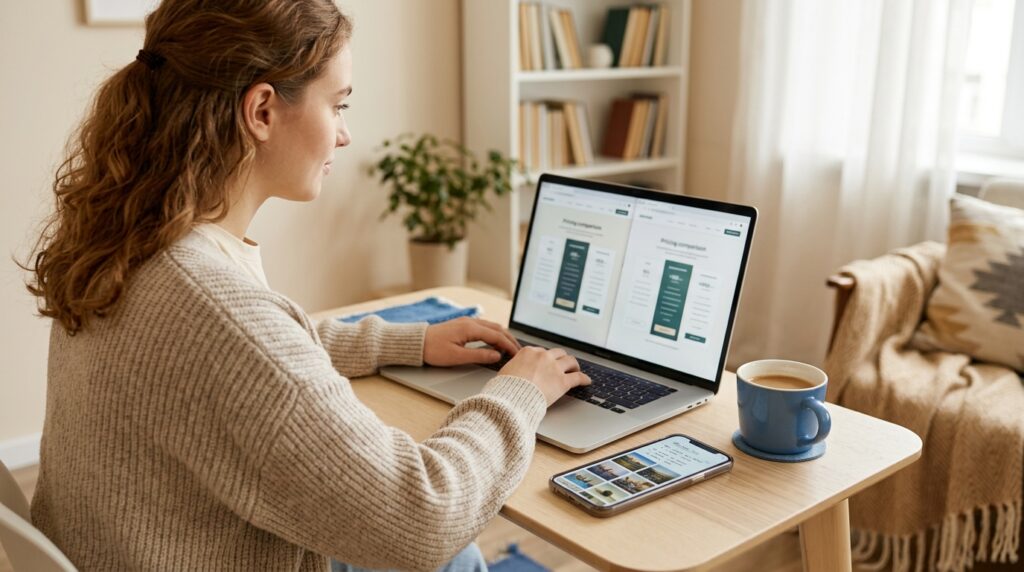 A creator at a small desk comparing two pricing pages on a laptop, with a phone showing generated images and notes about limits beside a coffee.